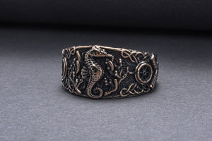 Seahorse Ring with Ship Steering Wheel Bronze Jewelry - vikingworkshop