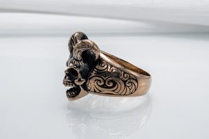 Skull with Horns Ring Bronze Handmade Jewelry - vikingworkshop