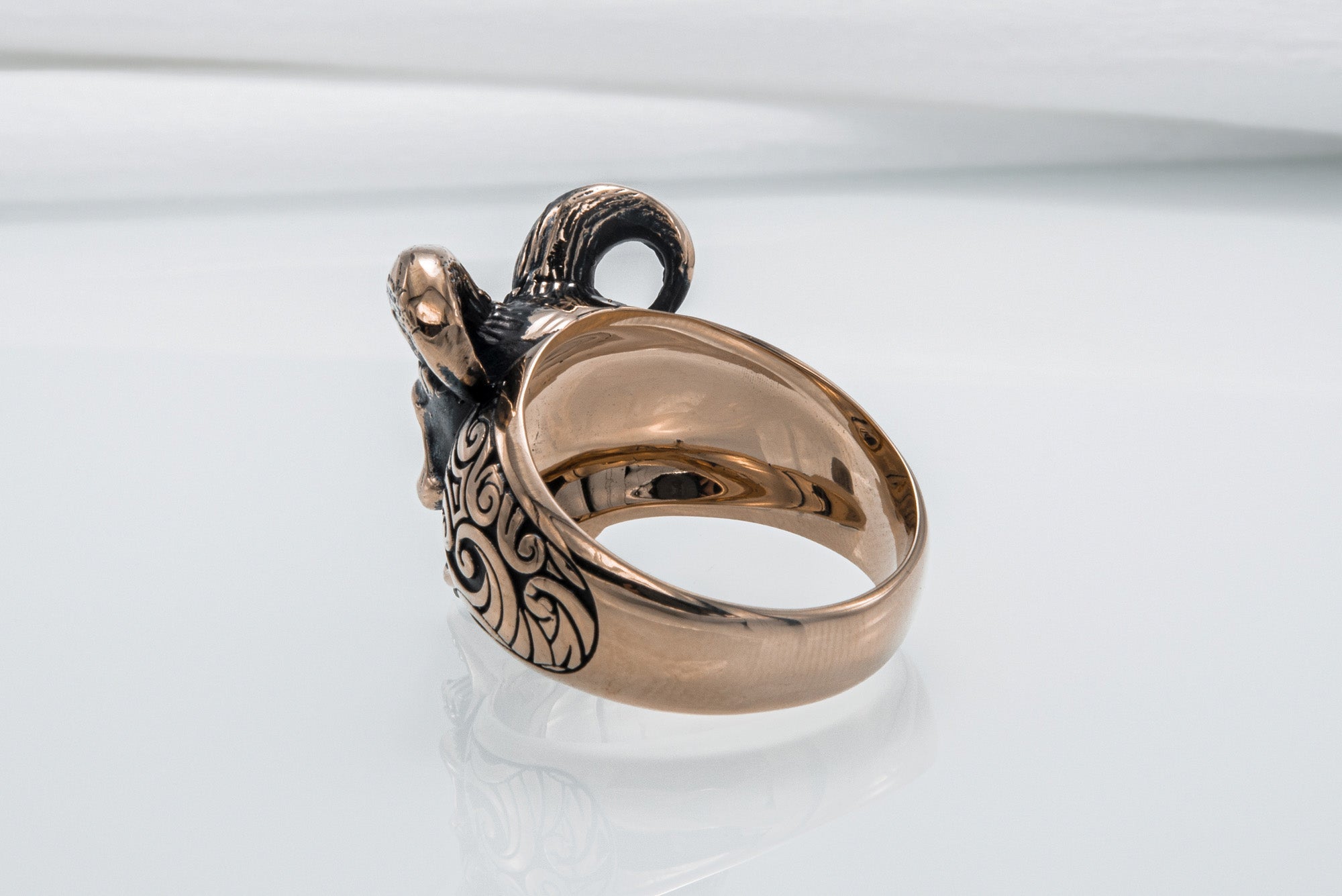 Skull with Horns Ring Bronze Handmade Jewelry - vikingworkshop