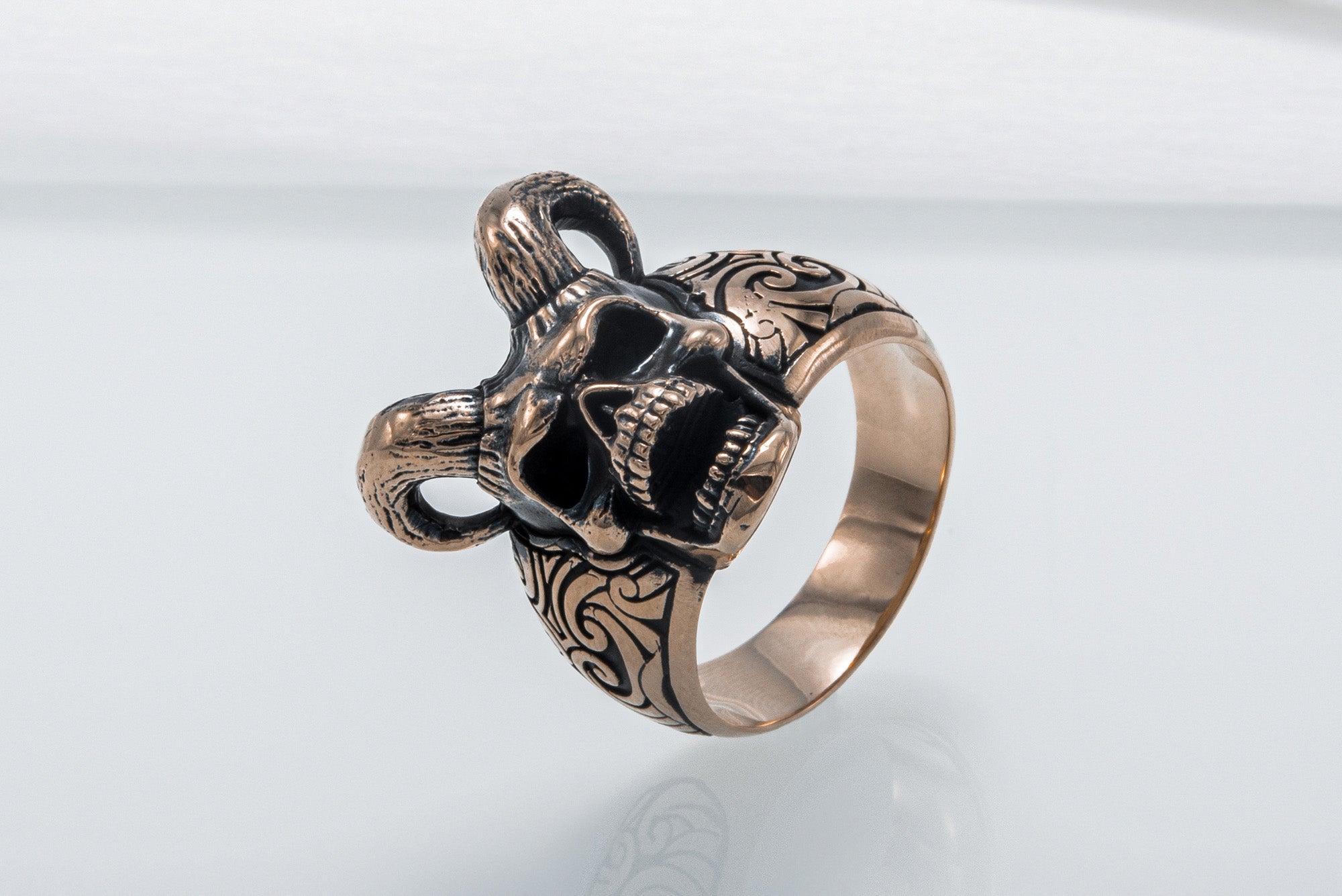 Skull with Horns Ring Bronze Handmade Jewelry - vikingworkshop