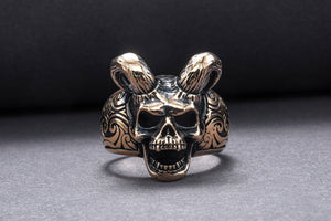 Skull with Horns Ring Bronze Handmade Jewelry - vikingworkshop