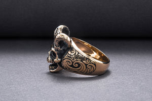 Skull with Horns Ring Bronze Handmade Jewelry - vikingworkshop