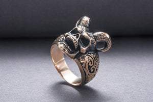 Skull with Horns Ring Bronze Handmade Jewelry - vikingworkshop