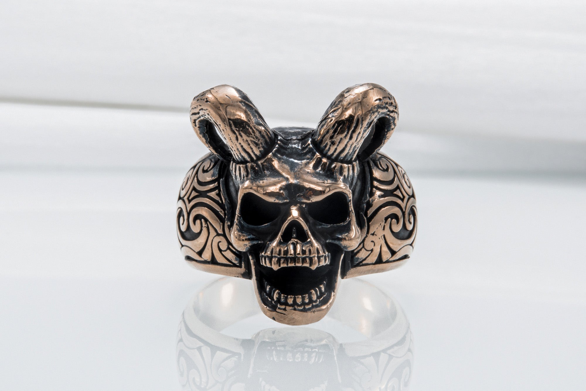 Skull with Horns Ring Bronze Handmade Jewelry - vikingworkshop