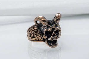 Skull with Horns Ring Bronze Handmade Jewelry - vikingworkshop