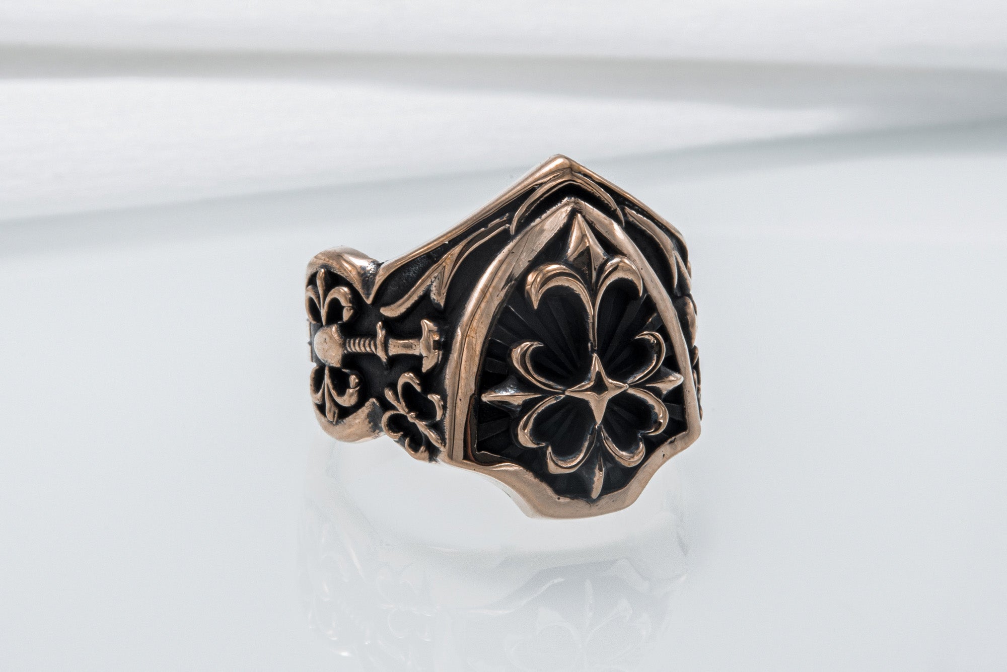 Shield with Heraldic Cross Ring Bronze Handcrafted Jewelry - vikingworkshop