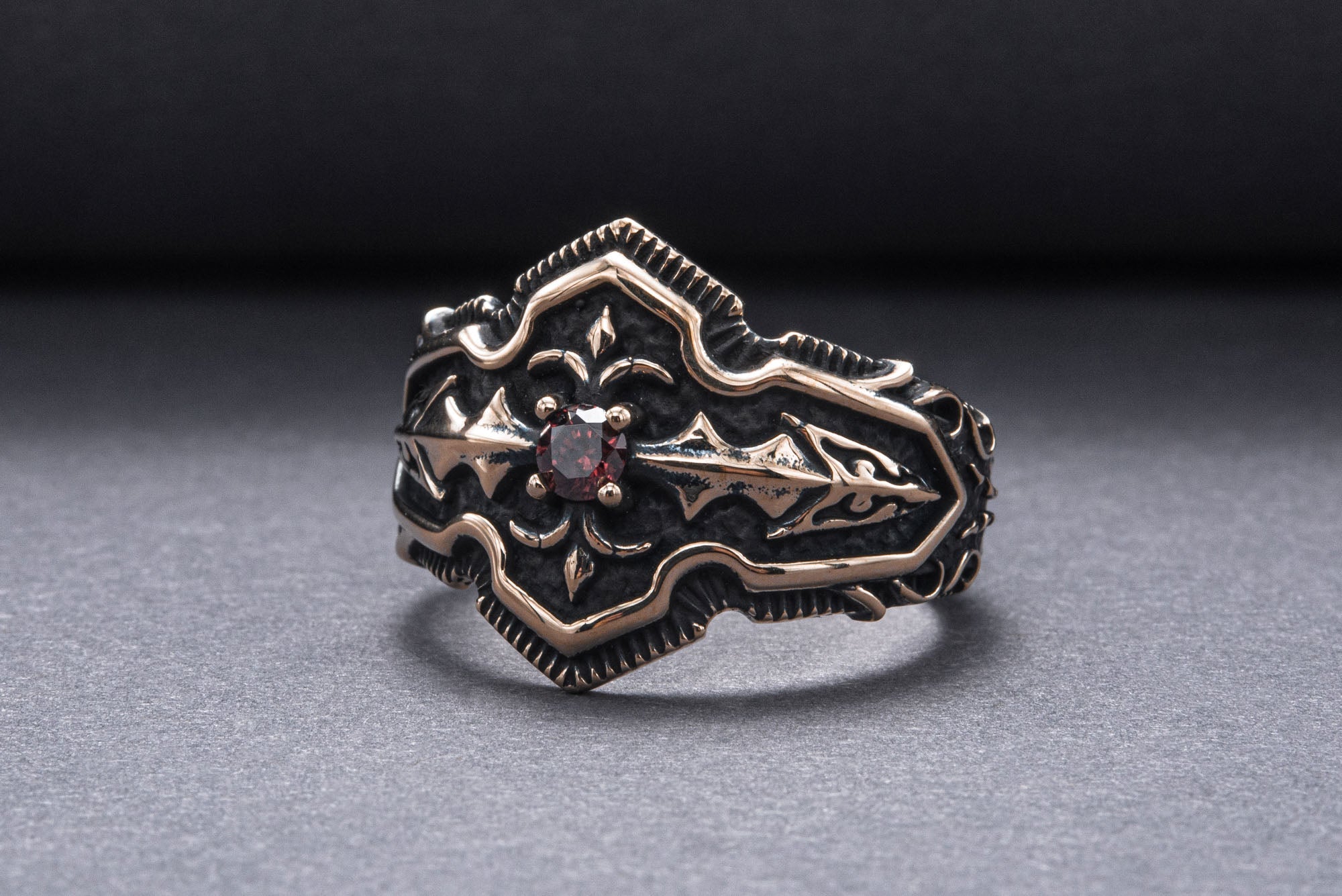 Ring with Red Cubic Zirconia Bronze Handmade Jewelry - vikingworkshop