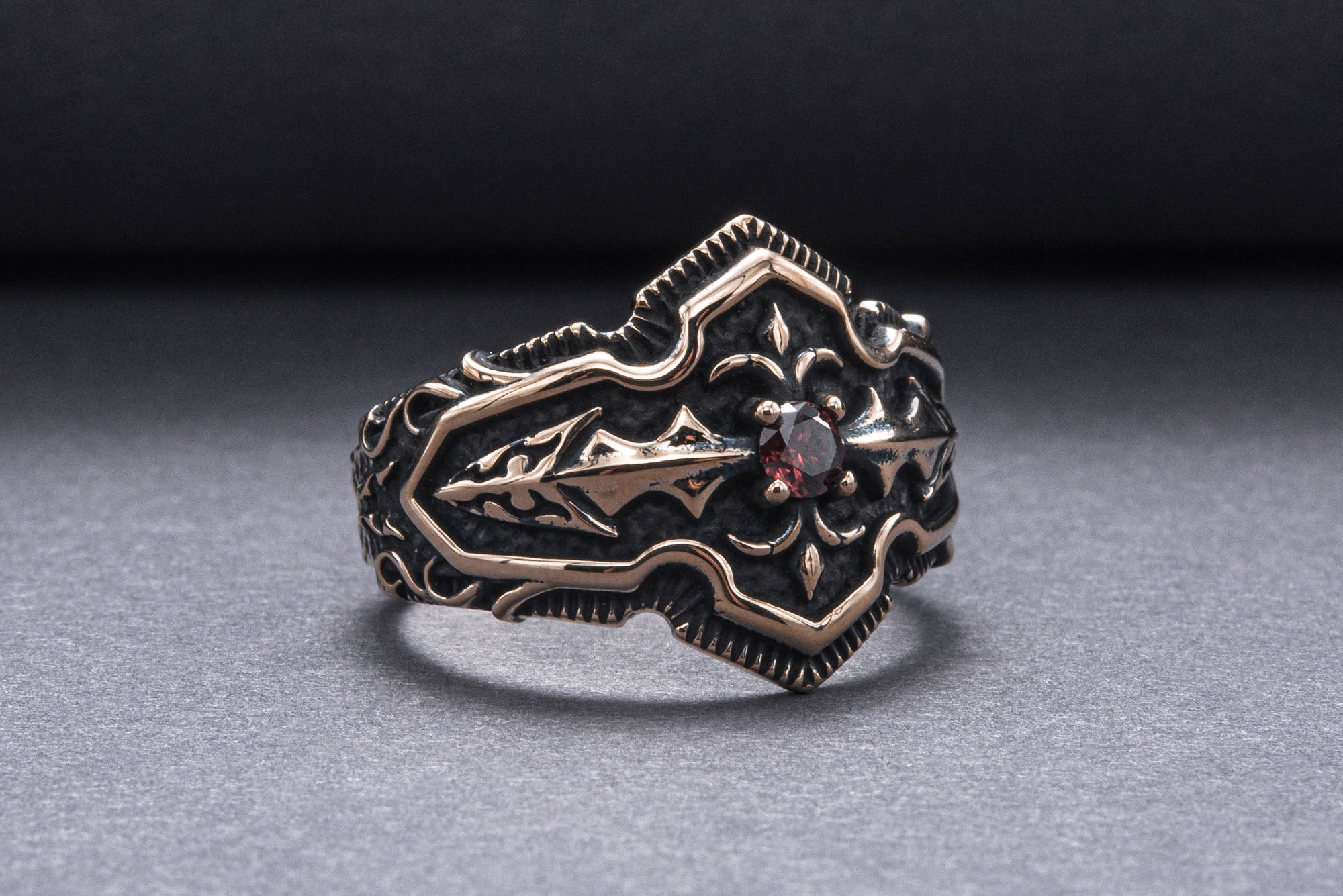 Ring with Red Cubic Zirconia Bronze Handmade Jewelry - vikingworkshop