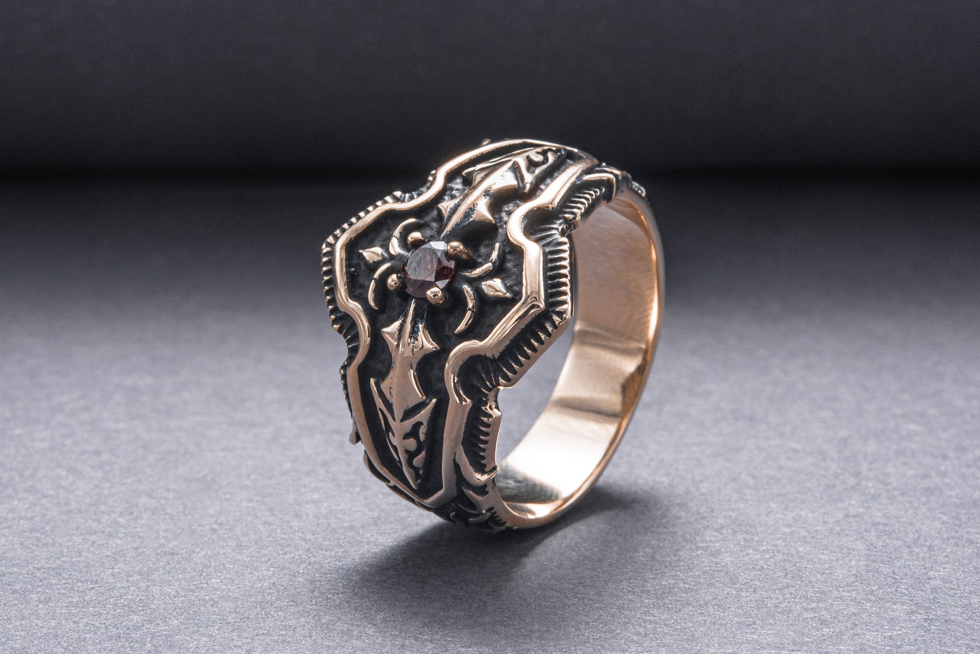 Ring with Red Cubic Zirconia Bronze Handmade Jewelry - vikingworkshop