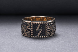 Viking Ring with Sowulo Rune and Norse Ornament Bronze Jewelry - vikingworkshop