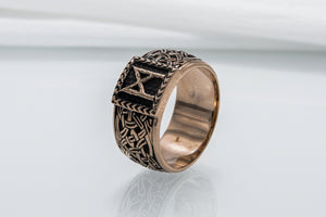 Viking Ring with Mannaz Rune and Norse Ornament Bronze Jewelry - vikingworkshop