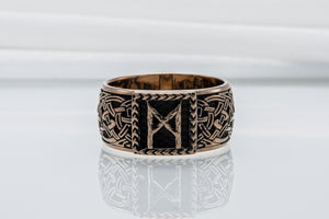 Viking Ring with Mannaz Rune and Norse Ornament Bronze Jewelry - vikingworkshop
