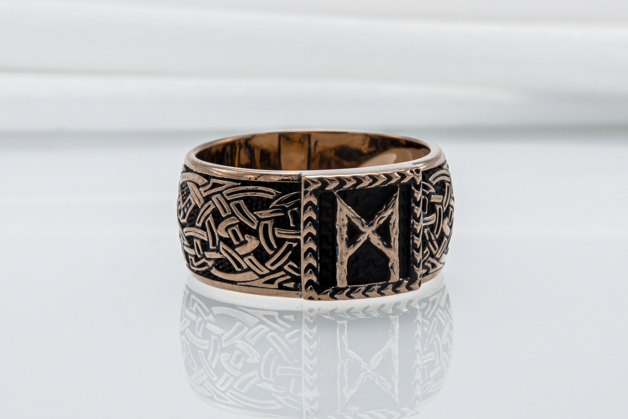 Viking Ring with Mannaz Rune and Norse Ornament Bronze Jewelry - vikingworkshop