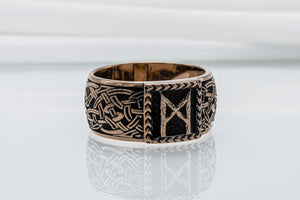 Viking Ring with Mannaz Rune and Norse Ornament Bronze Jewelry - vikingworkshop