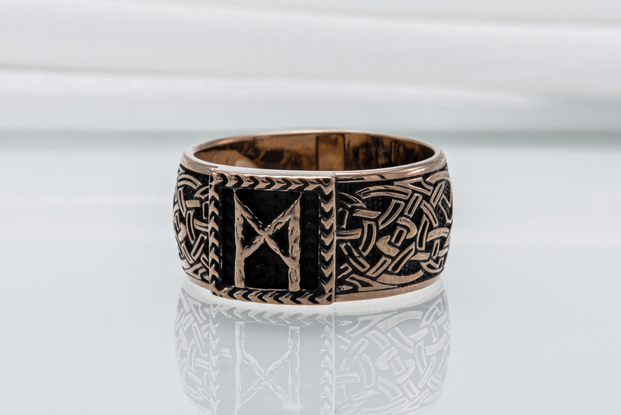 Viking Ring with Mannaz Rune and Norse Ornament Bronze Jewelry - vikingworkshop