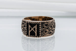Viking Ring with Mannaz Rune and Norse Ornament Bronze Jewelry - vikingworkshop