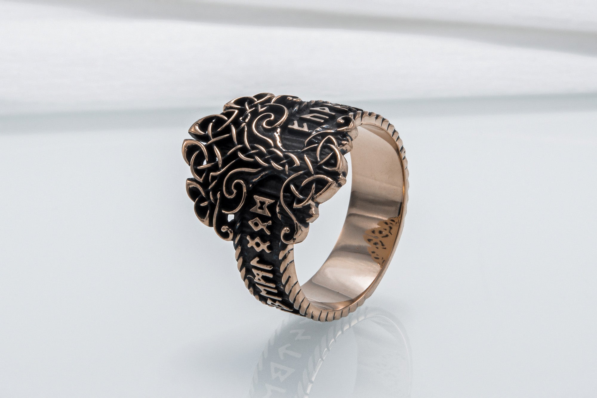 Yggdrasil Symbol Ring with Norse Runes Ornament Bronze Viking Jewelry - vikingworkshop