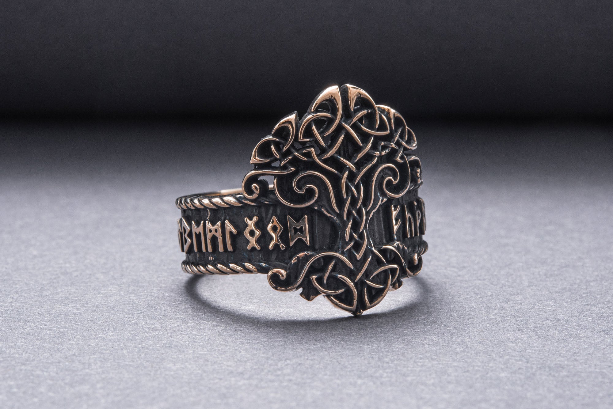 Yggdrasil Symbol Ring with Norse Runes Ornament Bronze Viking Jewelry - vikingworkshop