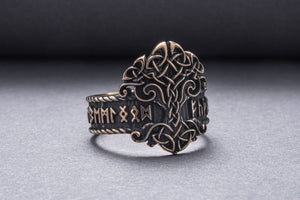 Yggdrasil Symbol Ring with Norse Runes Ornament Bronze Viking Jewelry - vikingworkshop