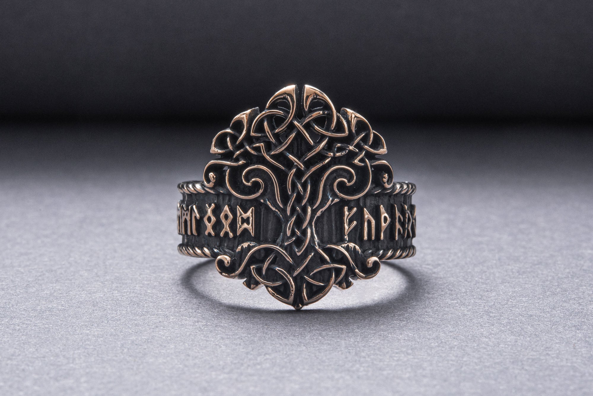 Yggdrasil Symbol Ring with Norse Runes Ornament Bronze Viking Jewelry - vikingworkshop