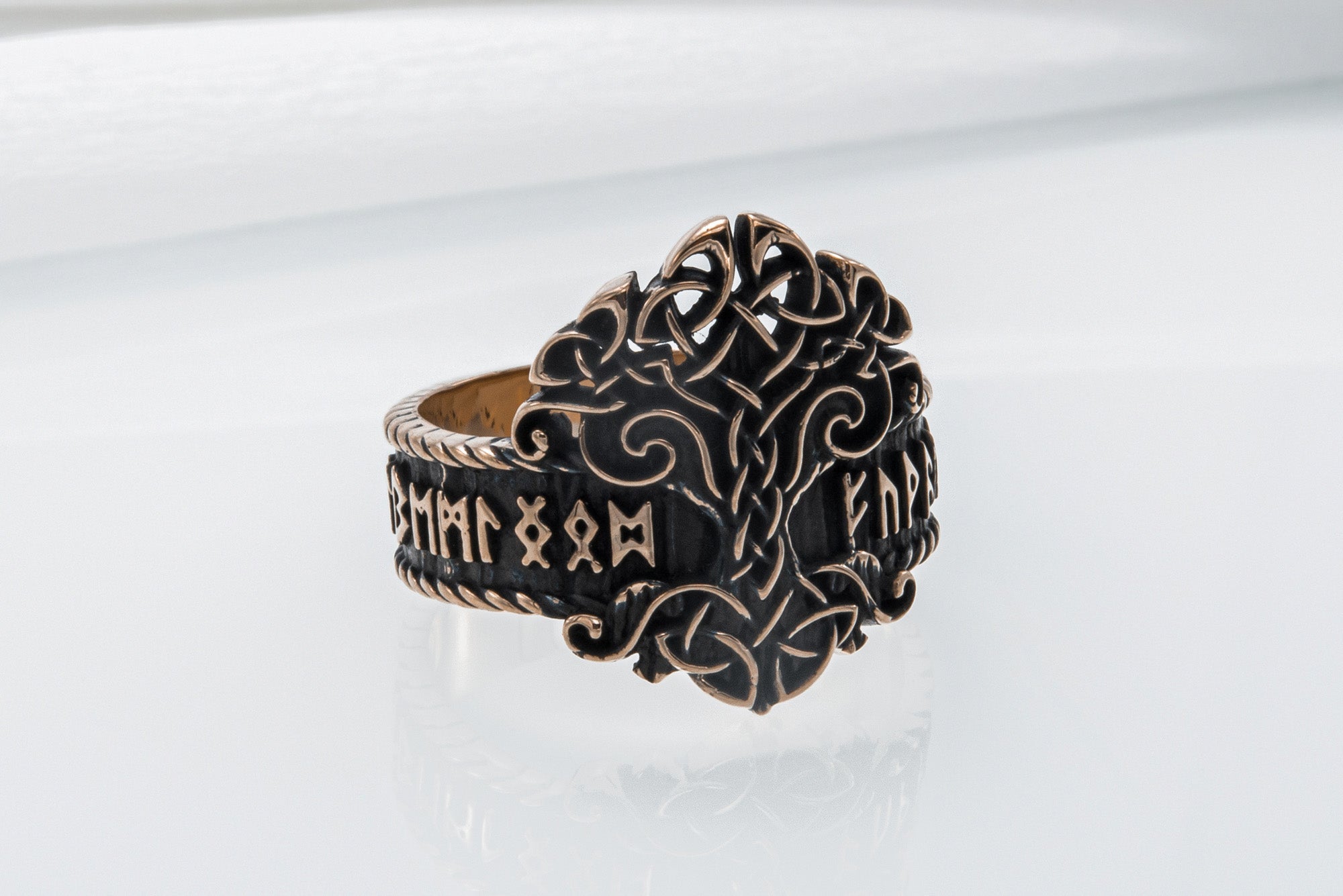 Yggdrasil Symbol Ring with Norse Runes Ornament Bronze Viking Jewelry - vikingworkshop