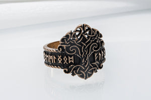 Yggdrasil Symbol Ring with Norse Runes Ornament Bronze Viking Jewelry - vikingworkshop