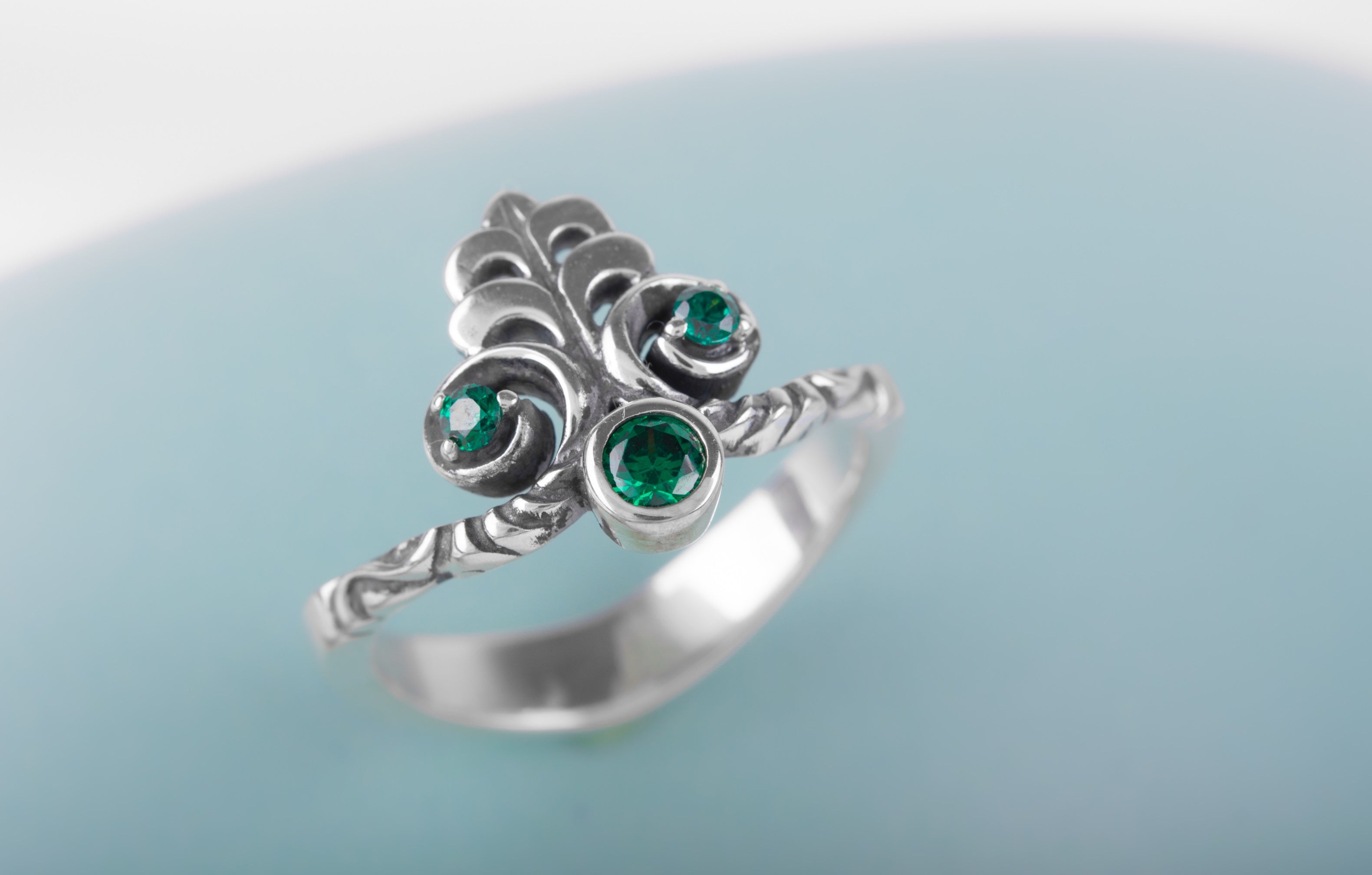 Tiny Sterling Silver Fashion ring with Green Gems, Unique Handmade Jewelry - vikingworkshop