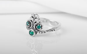 Tiny Sterling Silver Fashion ring with Green Gems, Unique Handmade Jewelry - vikingworkshop