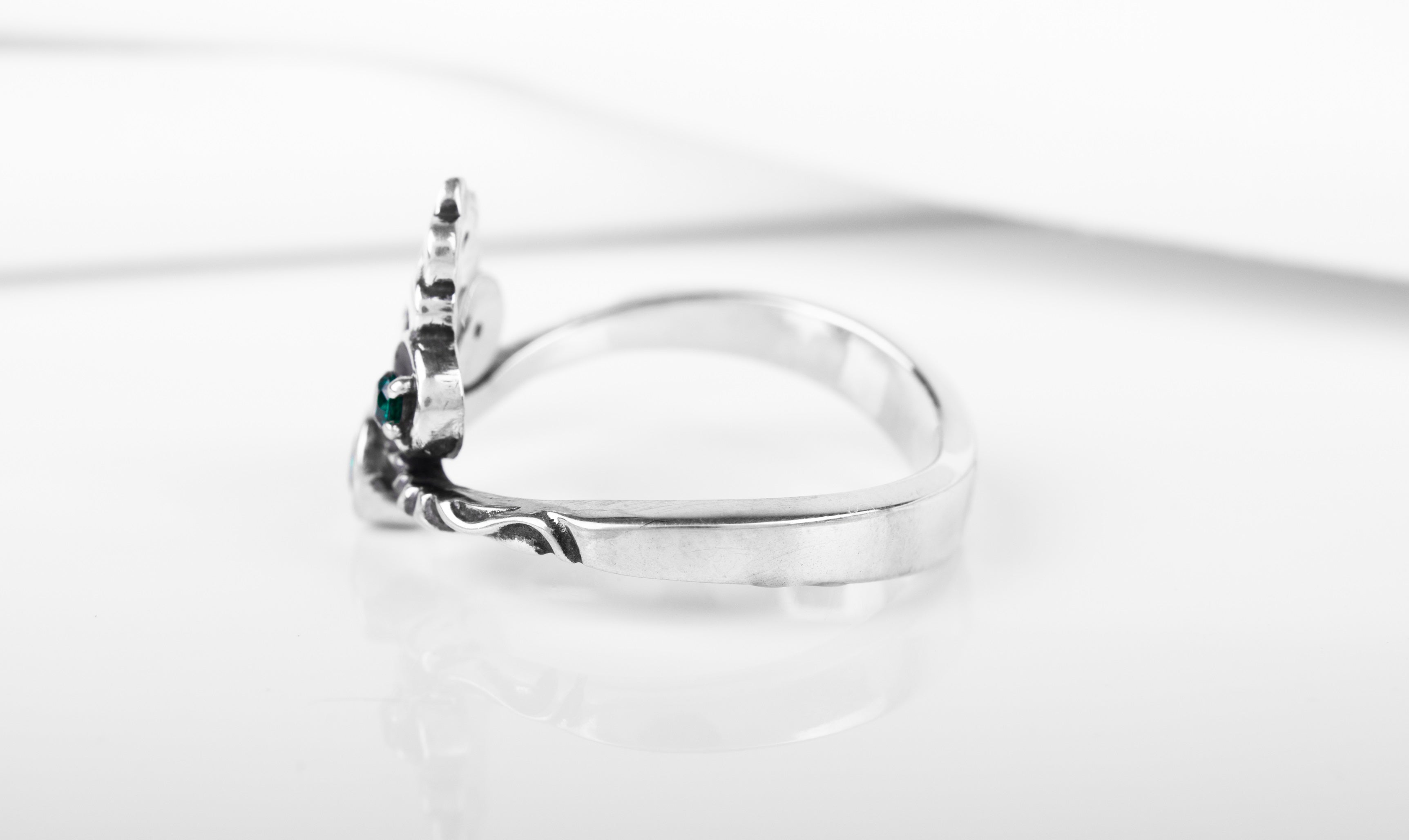 Tiny Sterling Silver Fashion ring with Green Gems, Unique Handmade Jewelry - vikingworkshop