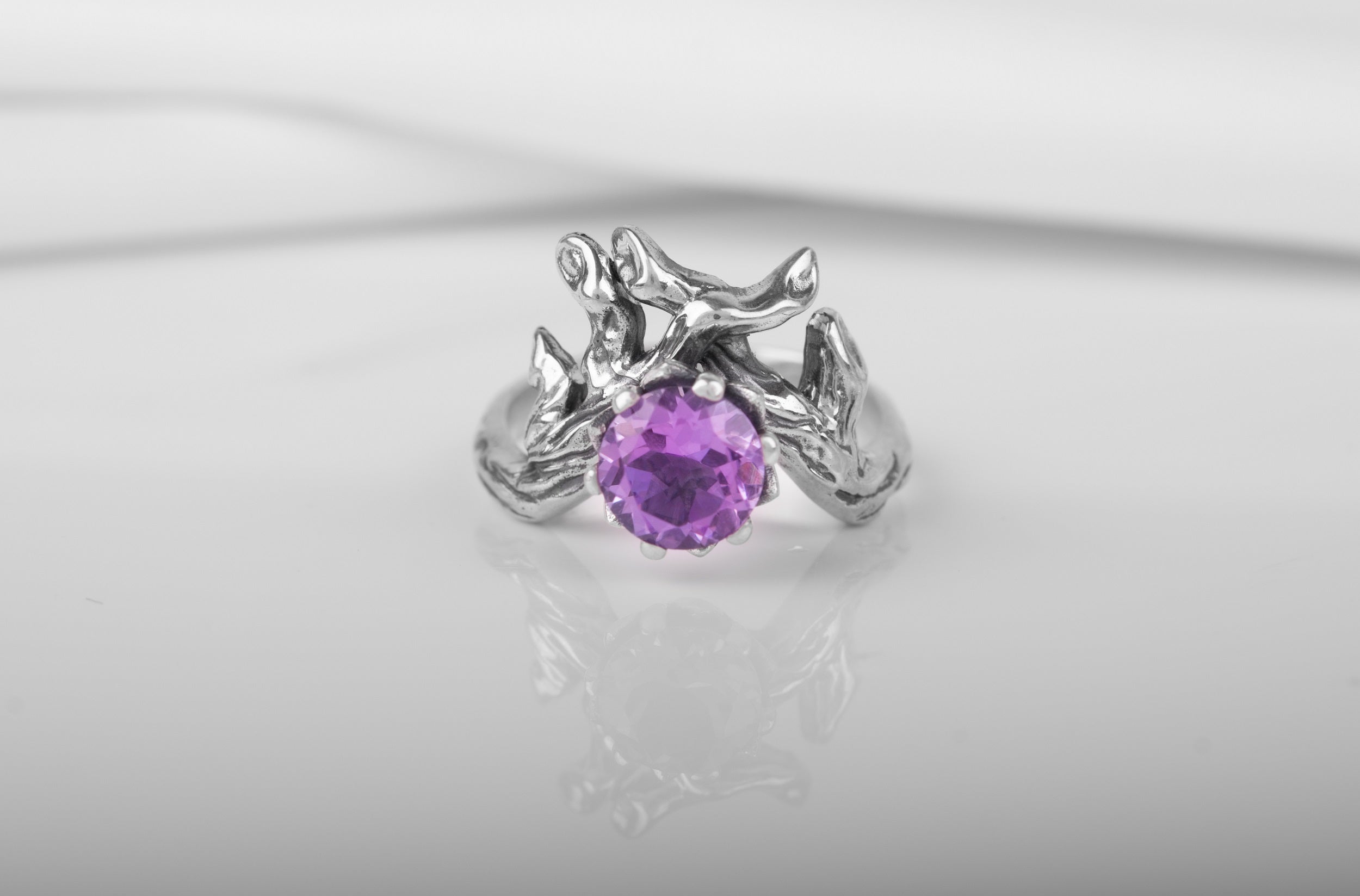 Sterling Silver Branch Ring with Purple Gem, Unique handmade Fashion Jewelry - vikingworkshop