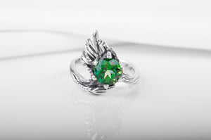 925 Silver Leaves Ring with Big Green Gem, Unique fashion Jewelry - vikingworkshop