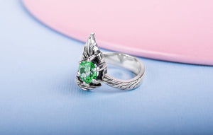 925 Silver Leaves Ring with Big Green Gem, Unique fashion Jewelry - vikingworkshop