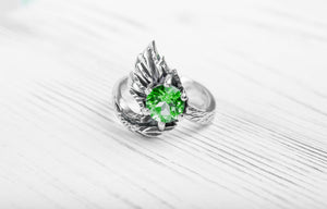 925 Silver Leaves Ring with Big Green Gem, Unique fashion Jewelry - vikingworkshop