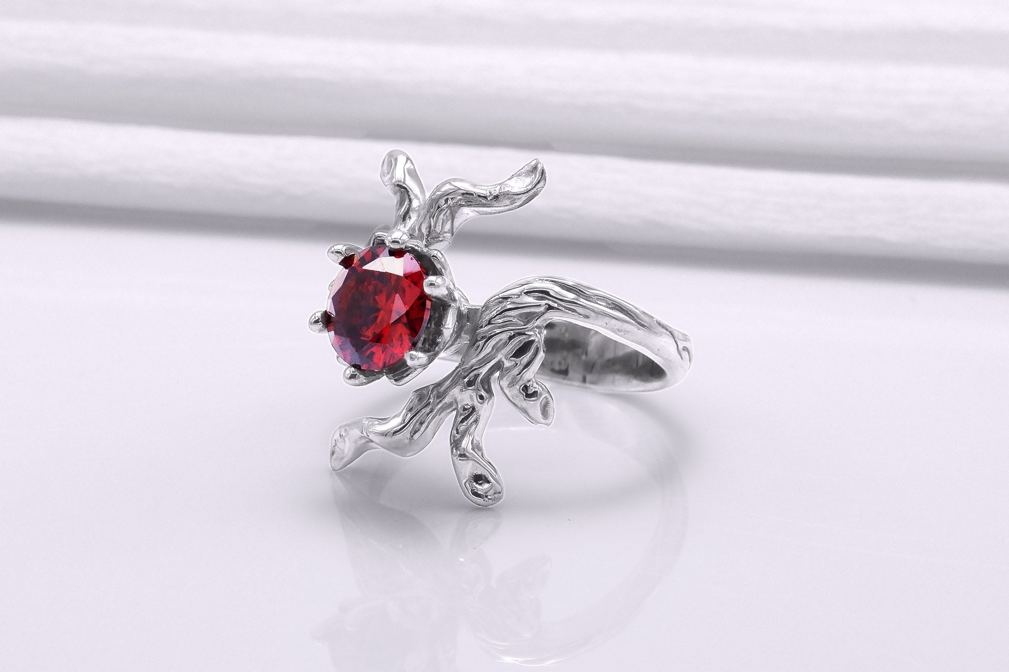 950 Platinum Tree Branch Ring with Red Gem, Handmade Fashion Jewelry - vikingworkshop