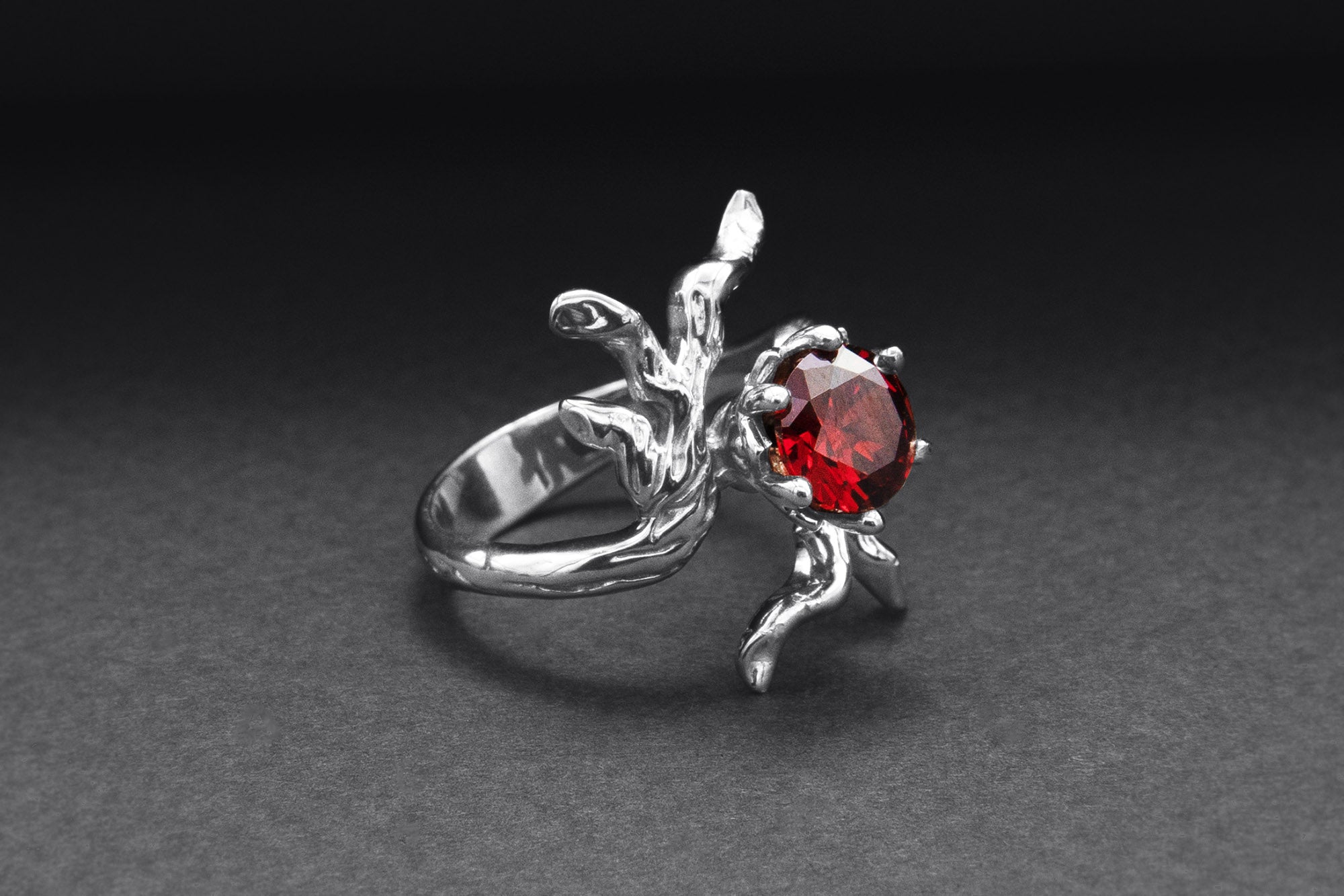 950 Platinum Tree Branch Ring with Red Gem, Handmade Fashion Jewelry - vikingworkshop