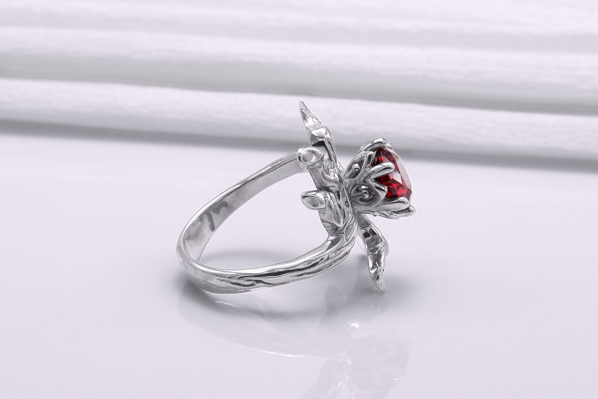 950 Platinum Tree Branch Ring with Red Gem, Handmade Fashion Jewelry - vikingworkshop