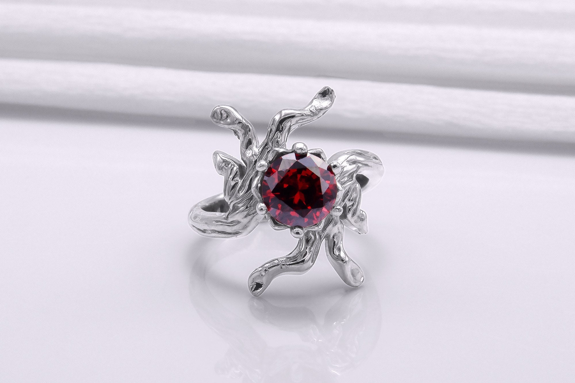 950 Platinum Tree Branch Ring with Red Gem, Handmade Fashion Jewelry - vikingworkshop