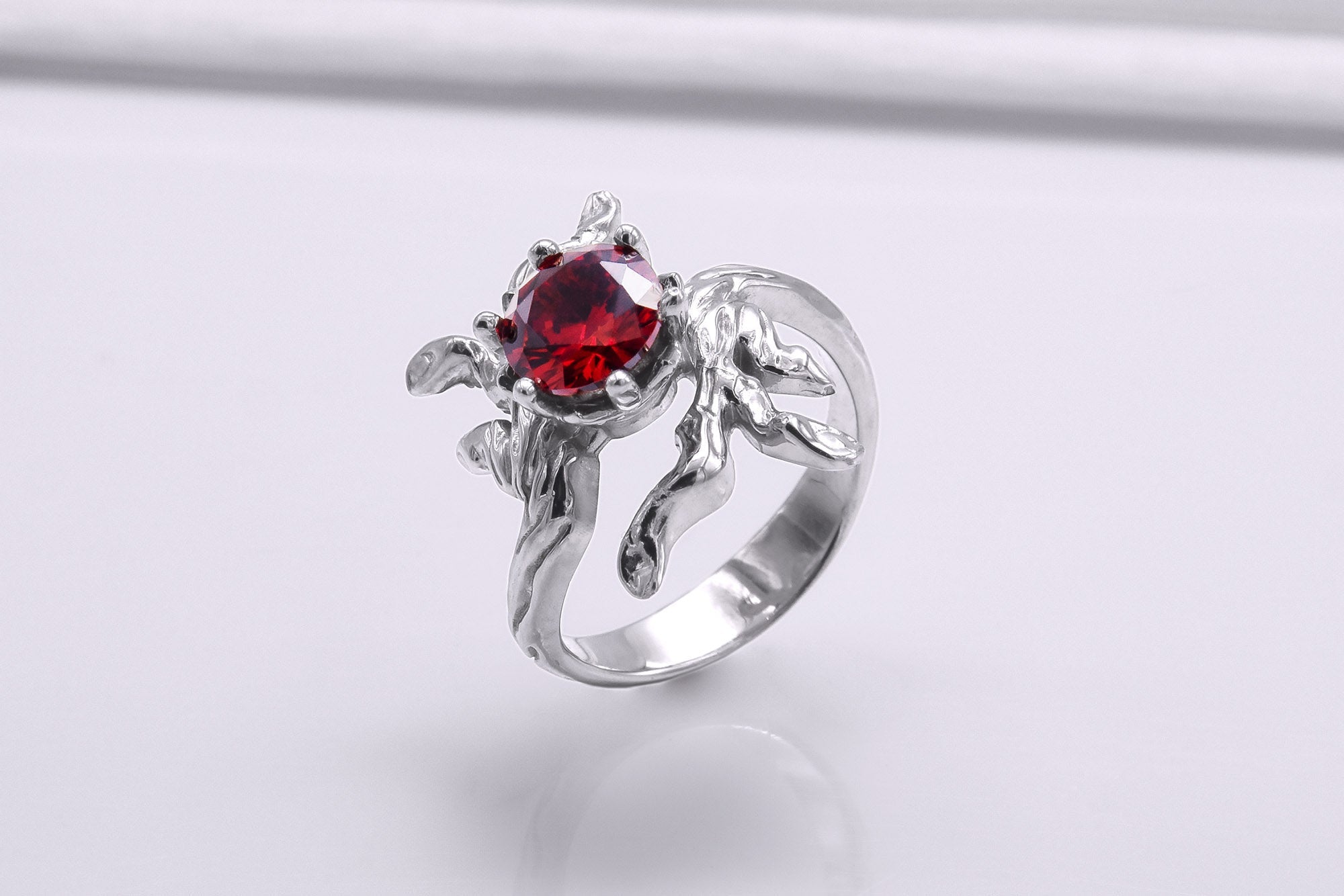 950 Platinum Tree Branch Ring with Red Gem, Handmade Fashion Jewelry - vikingworkshop