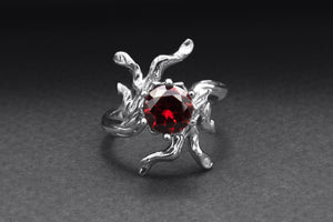 950 Platinum Tree Branch Ring with Red Gem, Handmade Fashion Jewelry - vikingworkshop