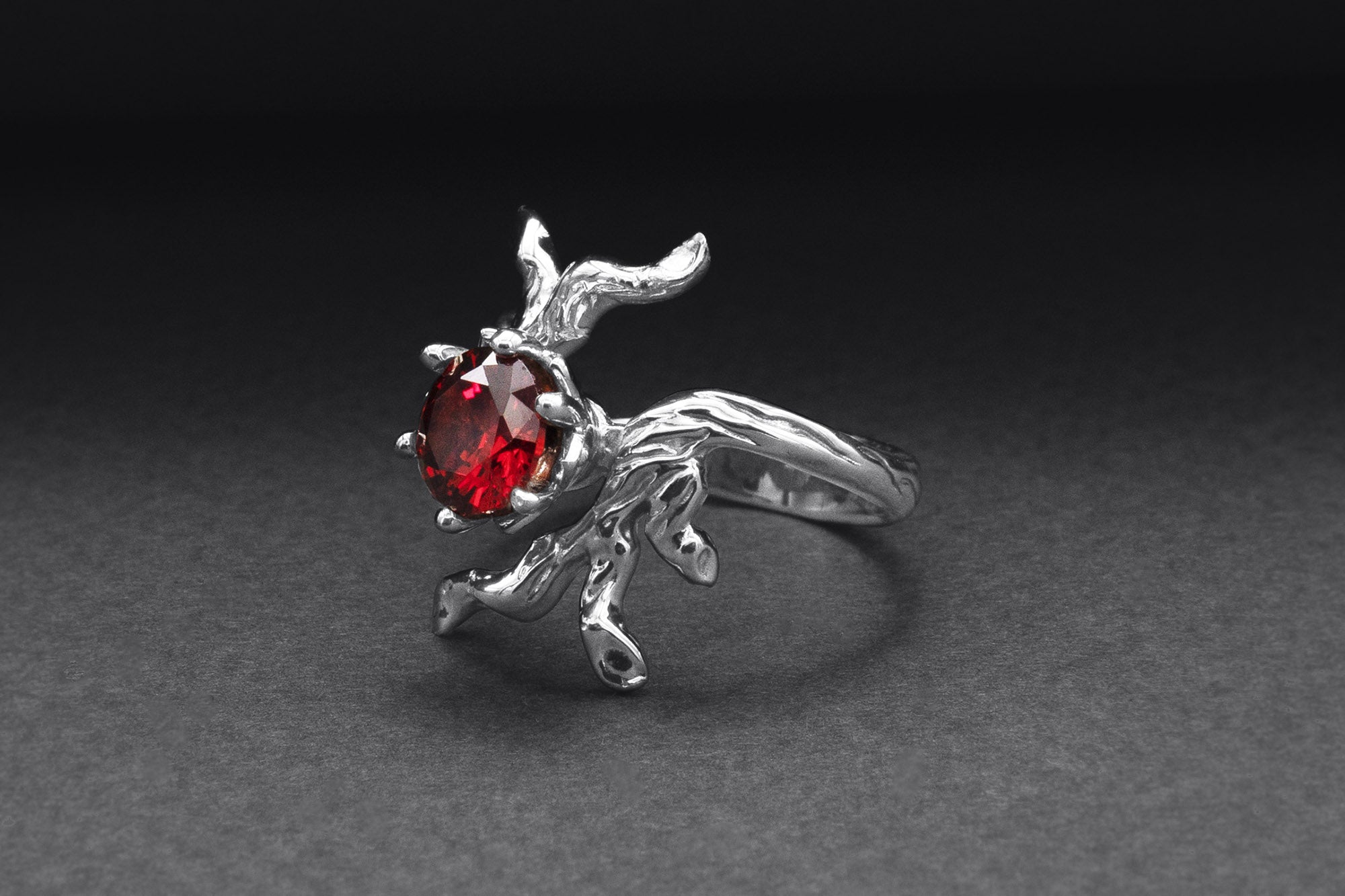 950 Platinum Tree Branch Ring with Red Gem, Handmade Fashion Jewelry - vikingworkshop