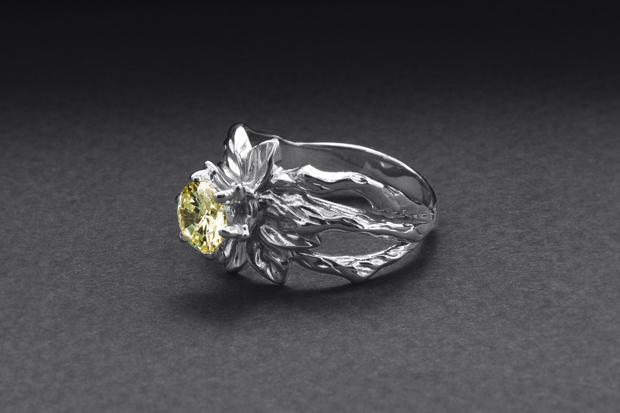 950 Platinum Tree Branch Ring with Champagne Gem, Handmade Fashion Jewelry - vikingworkshop