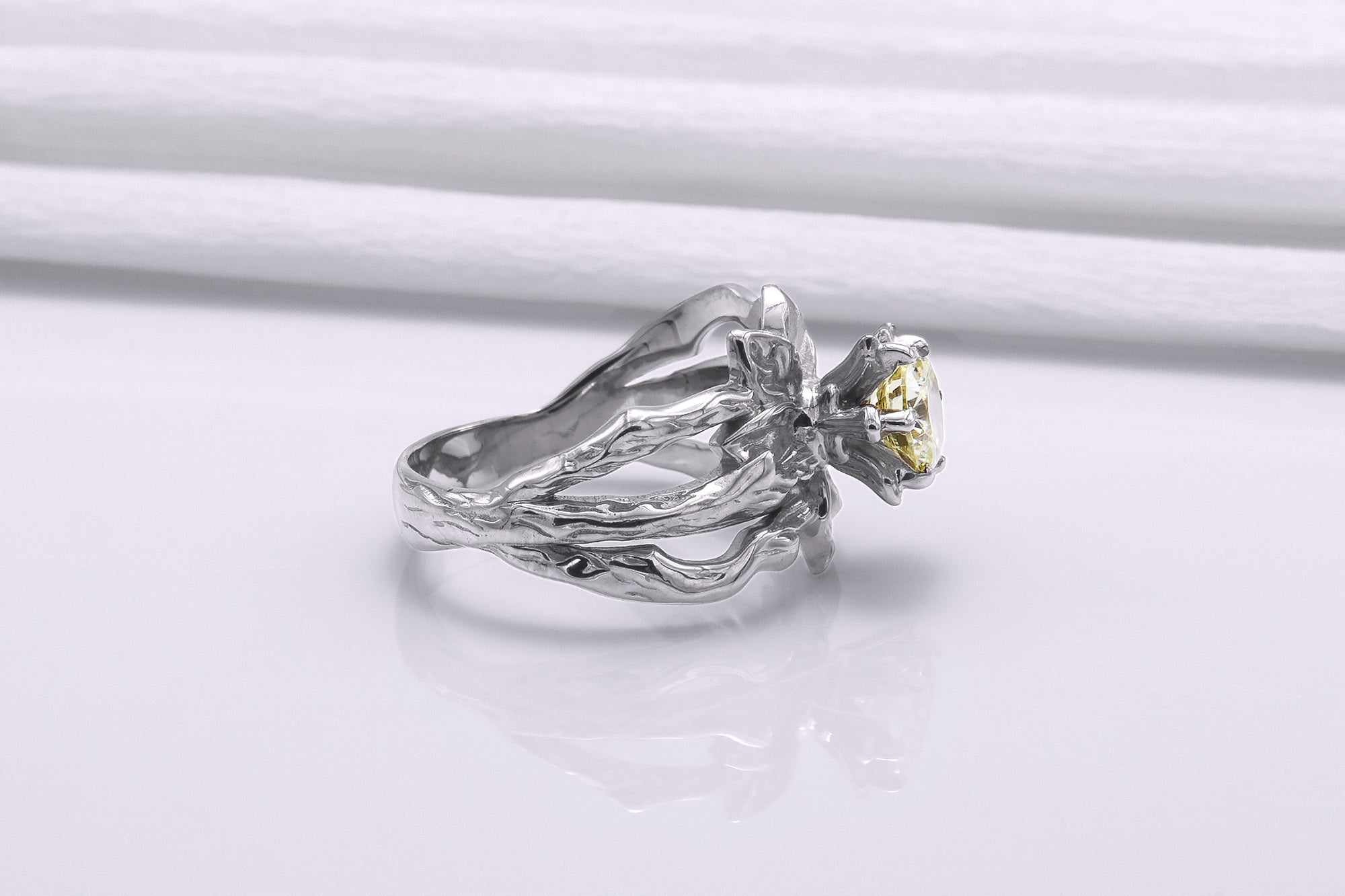 950 Platinum Tree Branch Ring with Champagne Gem, Handmade Fashion Jewelry - vikingworkshop