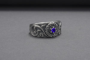 925 Silver Ring With Floral Ornament And Gem, Handmade Jewelry - vikingworkshop