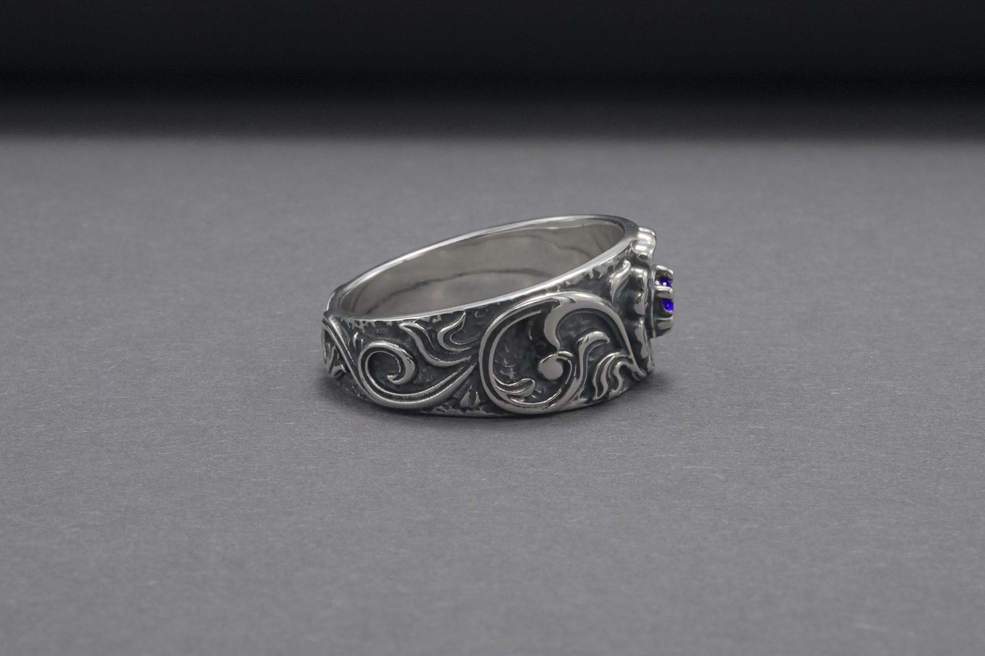 925 Silver Ring With Floral Ornament And Gem, Handmade Jewelry - vikingworkshop