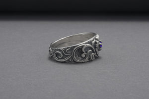 925 Silver Ring With Floral Ornament And Gem, Handmade Jewelry - vikingworkshop