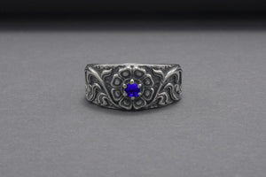 925 Silver Ring With Floral Ornament And Gem, Handmade Jewelry - vikingworkshop