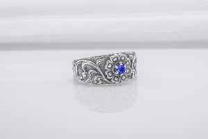 925 Silver Ring With Floral Ornament And Gem, Handmade Jewelry - vikingworkshop