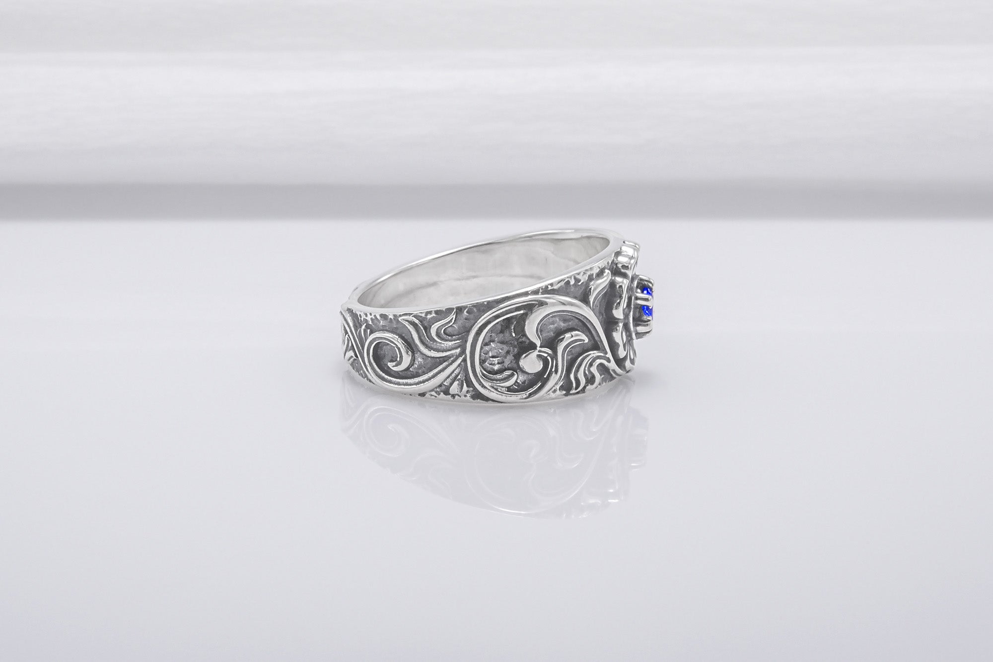 925 Silver Ring With Floral Ornament And Gem, Handmade Jewelry - vikingworkshop