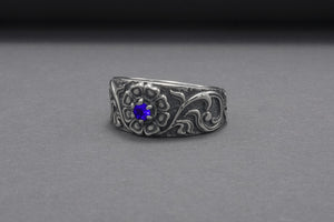 925 Silver Ring With Floral Ornament And Gem, Handmade Jewelry - vikingworkshop