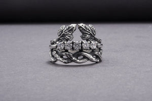 Modern 925 Silver Chain Ring With Leaves and Gems, Handmade Jewelry - vikingworkshop